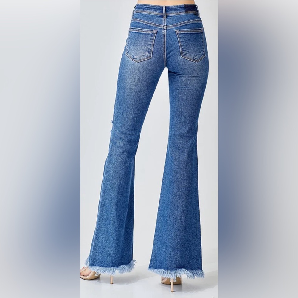 🤑 RISEN Low Rise Dark Wash Distressed Flare Jeans * MOST POPULAR * - Picture 2 of 7